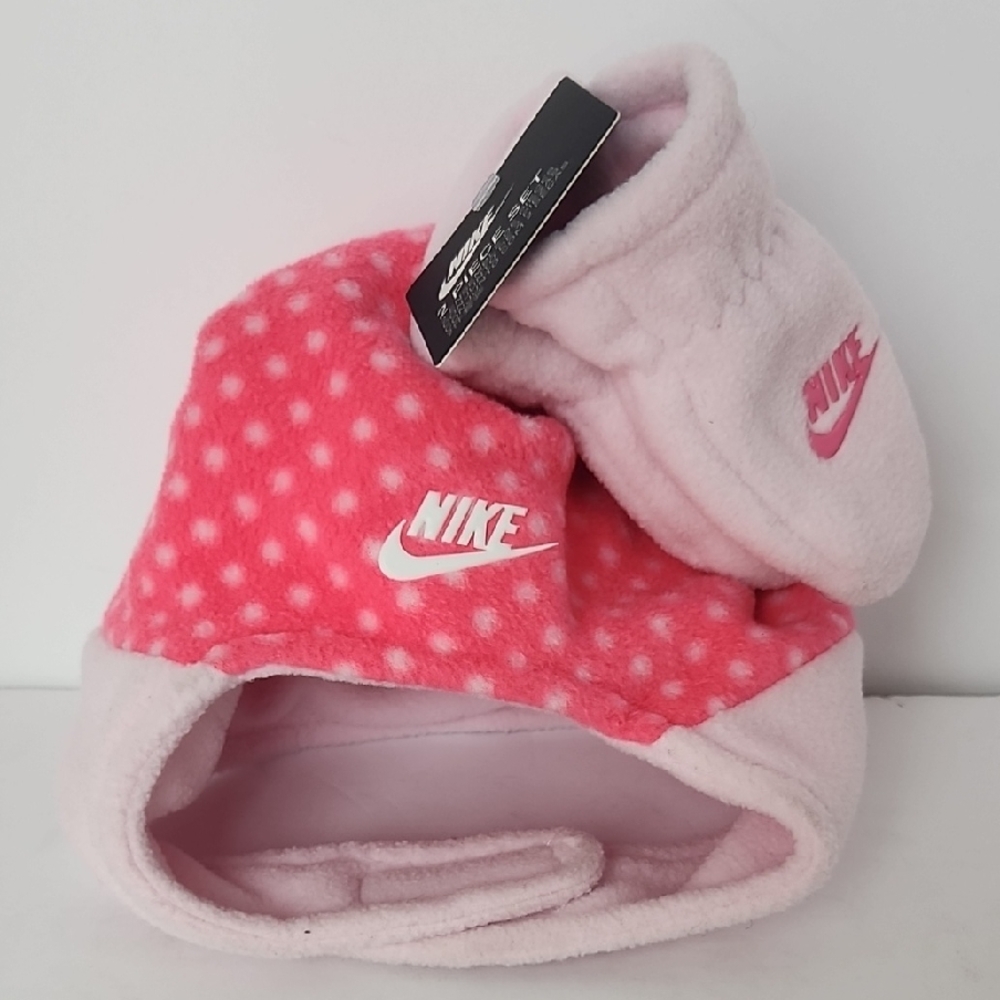 Nike Pink and White Polka Dot Baby Hat and Booties
